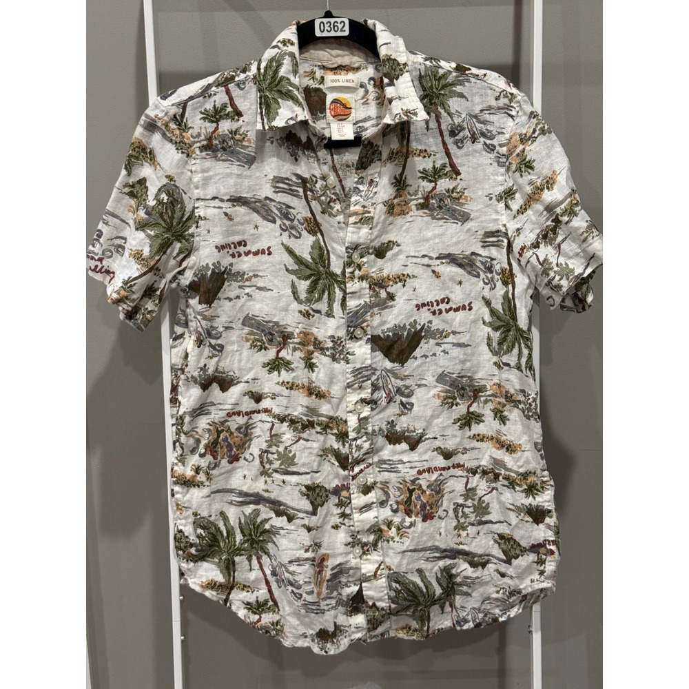 C&C California Mens S 100% Linen Tropical Beach Print Button Down Shirt White